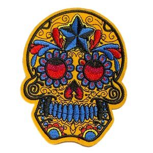 Orange Blue Black Star Sugar Skull Iron on Patch Embroidered Dia de los Muertos